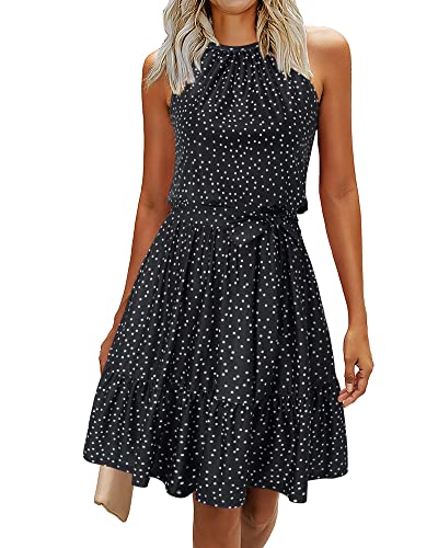 Newshows Sommerkleid Damen Knielang Elegant Kleid Neckholder Sommer Ärmellos Freizeitkleider mit Taschen(Polka Dot-schwarz, L)