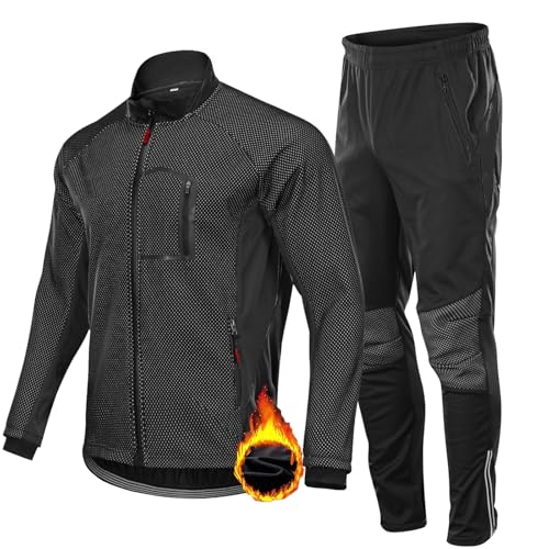 HOMTOL Herren Radjacke set Winter Thermal wasserdicht Winddicht Fahrradjacke Radjacke Winter Thermo Fleece Radtrikot Set Fahrradbekleidung Atmungsaktiv Lange Radhose Radjacke + Fahrradhose