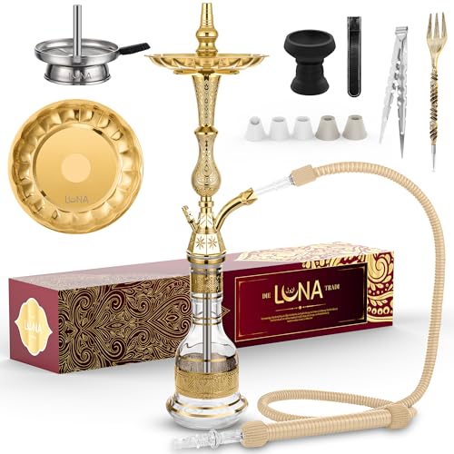 Luna Traditionelle Shisha Wasserpfeife Tradi Hookah Komplettset, Hochwertiges Metall Zink, Zubehör inkl. Glasbowl, Steinkopf, Kunstleder Schlauch mit Mundstück, Kaminaufsatz, Zange, Gabel