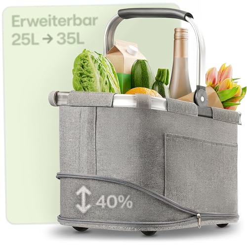 Praknu Einkaufskorb Faltbar Groß – 2 in 1 Erweiterbar 25L auf 35L – Abnehmbarer & Waschbarer Bezug – Stabil mit Alurahmen & Verstärktem Boden – Extra Fächer Innen & Außen – Tragekorb – Grau