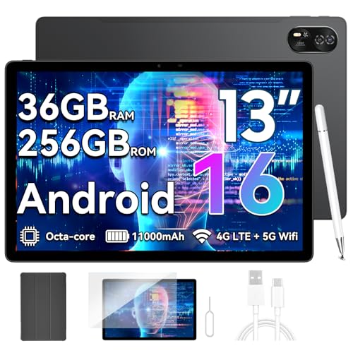 Blackview MEGA8 13 Zoll Tablet Android 16,36GB RAM+256GB ROM,90Hz 2K FHD Großes Display,4G LTE + 5G WiFi Gaming Tablet PC,Octa Core T620,50MP+13MP Dual AI Camera,11000mAh Akuu,Face ID