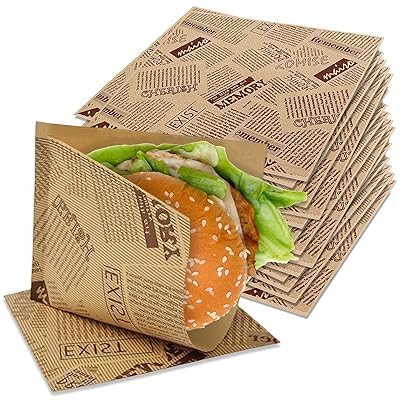 50 Stück Lebensmittelbeutel, Dickes Burger Papier, 18 x 18 cm Hamburgertasche Sandwich Tüten, burger papier Snackbeutel mit Retro Druck, 100% recycelbar fettdicht, Ideal für Burger, Pommes Partysnacks