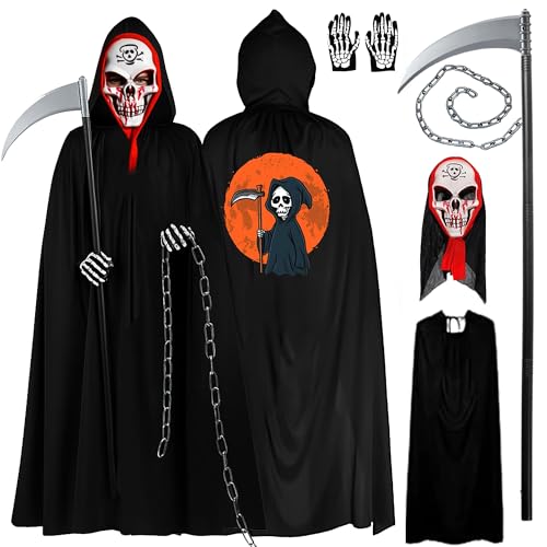 Giggleye Sensenmann Kostüm Halloween – schwarzer Umhang mit Kapuze, Totenkopf Maske, Handschuhe, Sense & Eisenkette, Grim Reaper Set für Erwachsene & Jugendliche, Karneval, Cosplay & Halloween Party