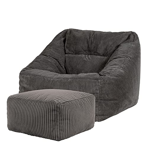 Icon Natalia Sitzsack Sessel mit Hocker für Erwachsene, Dunkelgrau, Flauschiger Cord Stoff, Riesen Sitzsack Cord mit Füllung, Bean Bag Chair, Bequemer Sessel Wohnzimmer, Lounge, Schlafzimmer, Büro