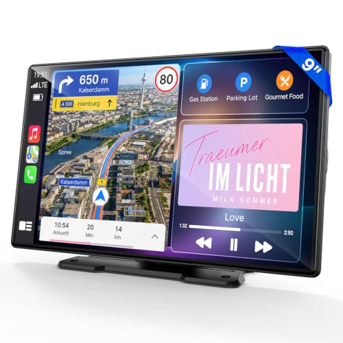 LAMTTO CarPlay Display mit Wireless CarPlay & Android Auto 9 Zoll Kabelloses Car Play Tragbares Autoradio mit IPS Touchscreen,MirrorLink,Sprachsteuerung,Bluetooth Freisprechen,Navigation,FM,AUX,OTA