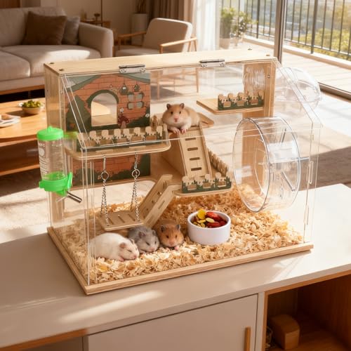 Hamsterkäfig aus Holz, Hamsterhabitat mit 270°-Sicht, kaufest, mit gut einsehbaren Acrylplatten, belüfteter Kleintierkäfig für Rennmäuse, Ratten, Meerschweinchen, Mäuse