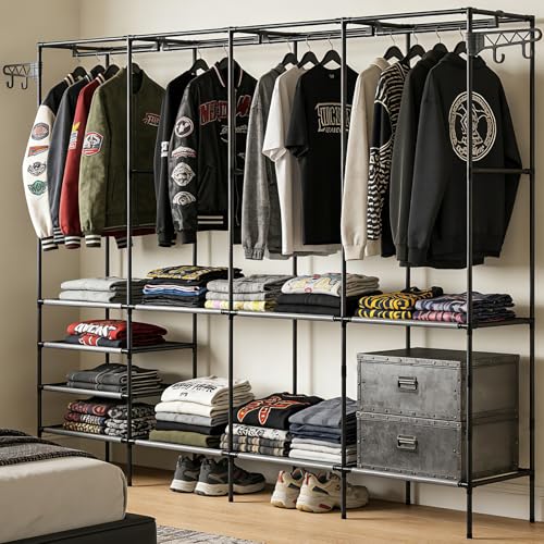 Soontrans Kleiderschrank mit Viel Stauraum, Offener Kleiderschrank mit 10 Fächern und 2 Haken, Stabiler Stoffschrank, Ideal für Schlafzimmer, Wohnzimmer und Ankleide, 215×36×170 cm, Schwarz
