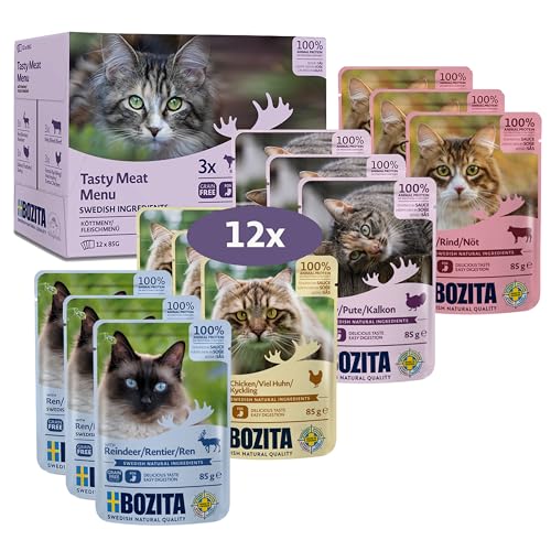 Bozita Nassfutter Häppchen in Sauce mit Fleisch - 12x85g Portionsbeutel getreidefreies & weizenfreies Futter für Katzen - Katzennassfutter für erwachsene Katzen mit 8,5% Protein & 4,5% Fettgehalt