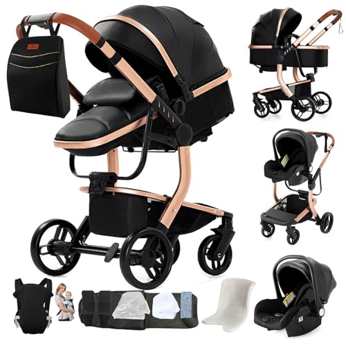 Veitoalioy PU-Leder Kinderwagen 3 in 1, Bequemer Multifunktionaler Kombikinderwagen 3 in 1 Komplettset, Aluminium Hohe Landschaft Babywagen, Faltbarer Kinderwagen Set (L518 Black)