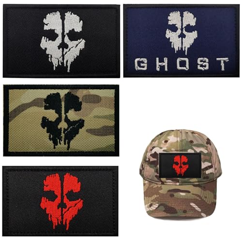 4 Stück Militär-Patch mit Haken und Schnalle Call of Duty Ghost Mask Bestickter Stoffaufnäher für Rucksäcke, Aufkleber für taktische Kleidung, Abzeichen, Riemen