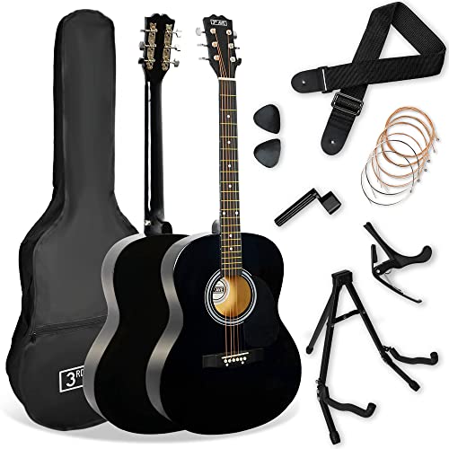 3rd Avenue 4/4 Westerngitarren-Set, für Anfänger – Gigbag, Plektren, Ersatzsaiten, Ständer, Gurt, Kapodaster – in Schwarz