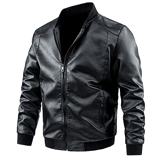 SAUTRV Lederjacke für Herren, Bikerjacke, Motorradjacke, Stehkragen, schmale Passform, leichte Kunstlederjacke, Motorrad-Bomber-Oberbekleidung, Schwarz , XXL