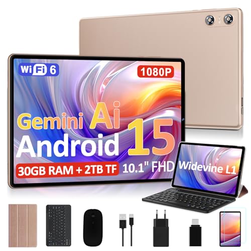BIEGEDY 2026 Neueste Tablet 10 Zoll Android 15 mit Gemini AI, 30GB RAM + 2TB TF, Octa-Core 2.0GHz, Widevine L1 FHD IPS, 5G/2.4G WLAN, GMS, BT 5.0, 6000mAh, 8+5MP, Tablet mit Tastatur und Maus - Gold