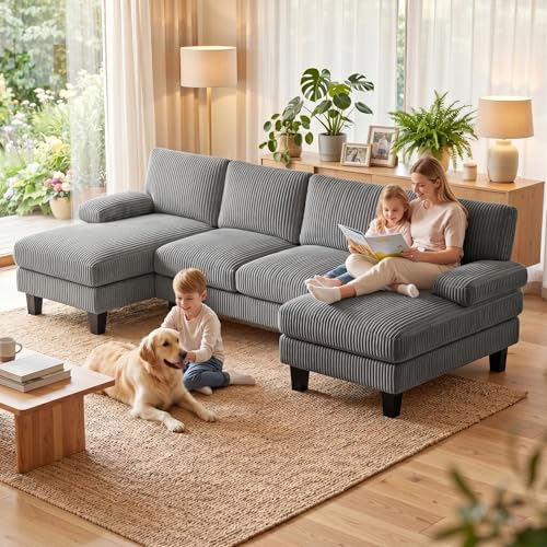 Xbro U-förmiges 4-Sitzer Sofa, große Wohnlandschaft Ecksofa aus Cordstoff, für Wohnzimmer, 270 x 122 x 86 cm, Dunkelgrau