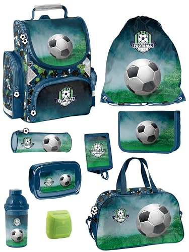 Familando - Schulranzen Set - 9-teilig mit Sporttasche - Fussball - Ergonomisch, stabil & mit gepolstertem Rücken - 1000g leicht - 15L Volumen - Mit Reflektoren - Für Grundschule ab 1. Klasse