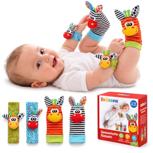 LUDAZON Sensorische Rasseln, Rasselsocken & Babyrassel Baby 0-12 Monate | Babygeschenke zur Geburt Junge & Mädchen, Spielzeug ab 0 Monate für Bauchlage & Tummy Time, Neugeborene, mit Geschenkbox