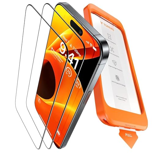 TORRAS für iPhone 15 Pro Max für Panzerglas [TOP Bruchsicherheit] 9H+ Härte Folie Full Screen Militärstandard Schutzglas [Auto-Installation] Anti-Fingerabdruck, 2 Stück