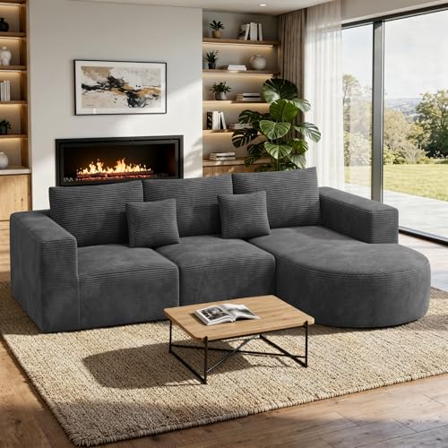 Hawthyhome Sofa mit Schlaffunktion rahmenloses Ecksofa L-Form Couch Installation-Free Cordstoff Ecksofa mit Rechts-Chaiselongue für Wohnzimmer 3 sitzer 264x177x59cm Grau