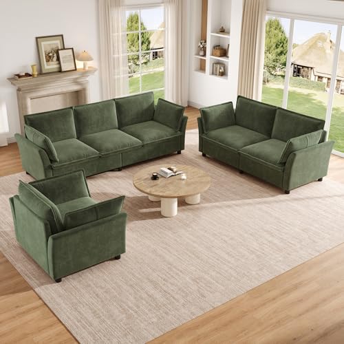BTM Modern Sofa Set 3 2 1 Wohnzimmer Polstergarnitur mit Kissen, Cloud Modulare Sofa Couchgarnitur, Chenille, Dunkelgrün