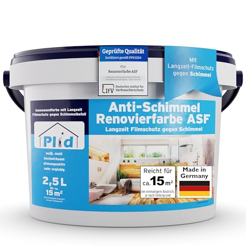 Plid® Anti Schimmel Renovierfarbe Innen Weiß 2,5L [FÜR ALLE WÄNDE] - Antischimmelfarbe für feuchte Räume, Bad & Küche - Wandfarbe weiß - Langzeitschutz gegen Schimmelbefall - Made in Germany