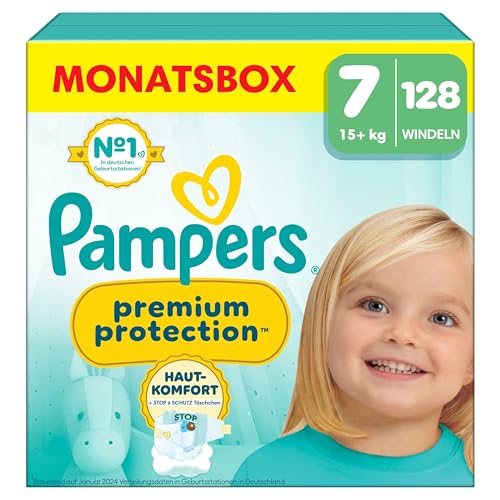 Pampers Premium Protection Größe 7, 128 Windeln, 15kg+, Doppelter Schutz für die Haut und vor Auslaufen
