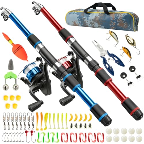Angelset für Kinder, 2 Stück 1,8m Kinderangel Starter Set, Kohlefaser Teleskop Angelruten mit 5.2:1 Spinnrolle, Angelset Komplett Anfänger mit Köder, Angelzubehör Tragetasche, Süßwasser & Salzwasser