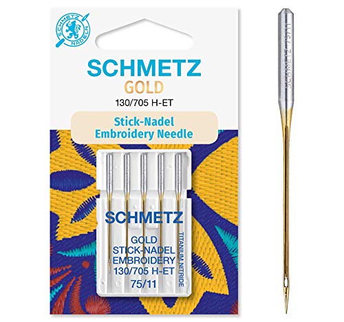 SCHMETZ Nähmaschinennadeln 5 Gold Stick-Nadeln | 130/705 H-ET | Nadeldicke: 75/11| geeignet für das Sticken mit Stickmaschinen und das Nähen mit alle gängige Haushalts-Nähmaschinen