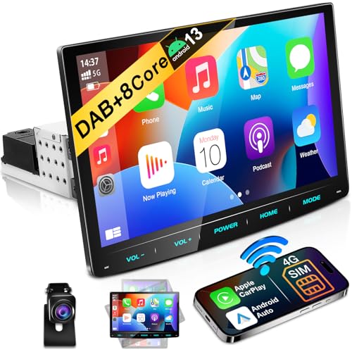 URVOLAX Android 13 Autoradio mit Bildschirm, 10.1 Zoll Wireless CarPlay Apple Android Auto Navi DAB+ 1 Din Radio Bluetooth Car Play Touch Display Monitor 8 Core 32G WiFi 4G GPS Rückfahrkamera