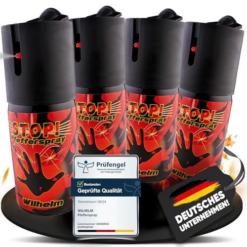 4 x Wilhelm Pfefferspray 40 ml Tierabwehr Selbstverteidigung CS KO Spray hochdosiert (ca. 2 Mio. Scoville) effektives Verteidigungsspray