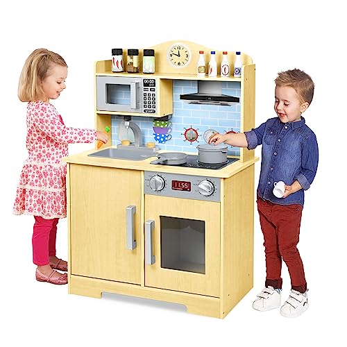 LARS360 Spielküche aus Holz, Kinderküche für Kinder, Spielküche aus Massivholz Küchenspielzeug Set inklusive Zubehör wie Mikrowelle, Backofen, Spüle, Kochutensilien und Gewürzen (59,5 x 29,5 x 92cm)