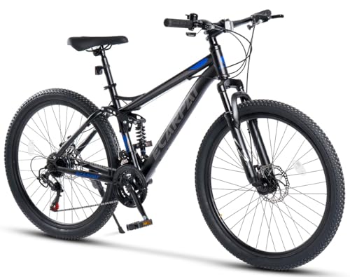 24 Zoll Fully Mountainbike für Jugendliche, 21-Gang Schaltung, Doppel-Scheibenbremsen, Doppelwandige Felgen, für 130-150 cm - Schwarz-Blau-Farbig (85% vormontiert)