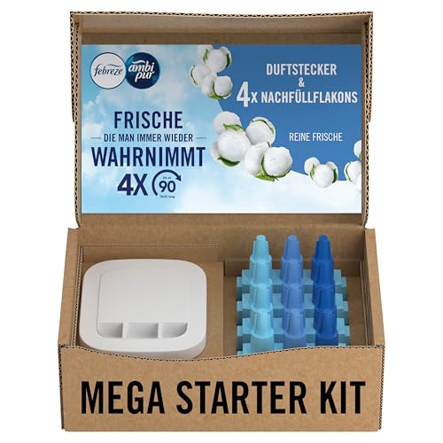 Febreze Programmierbarer Lufterfrischer 3Volution Duftstecker Starter-Kit + 4x Nachfüllflakons Reine Frische, Elektrischer Raumduft mit 3 Wechselnden Düften Zum Bekämpfen Von Gerüchen