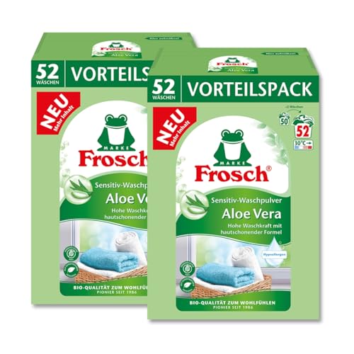 Frosch Sensitiv-Waschpulver Aloe Vera Doppelpack hohe Waschkraft mit hautschonenender Formel Vorteilspack mit 104 Waschladungen für einen angenehmen Aloe Vera Duft bei weißen und farbigen Textilien