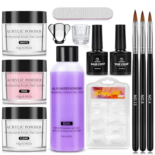 Yokilly Acryl Nagelset,Acrylpulver Für Nägel Mit Transparenten Rosa-Weiß-Farben,100 Stück Nagelspitzen Professionelles Acryl Pulver Nails Kit Mit Pinseln und Andere Nagelwerkzeuge (Weiß Klar Rosa-1)