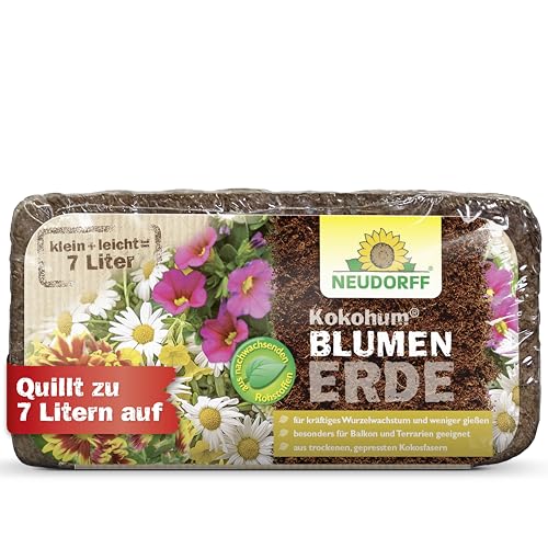 Neudorff KokoHum BlumenErde – Praktische Brikett-Erde erspart schweres Schleppen und ist ideal für kräftiges Wurzelwachstum, 7 Liter