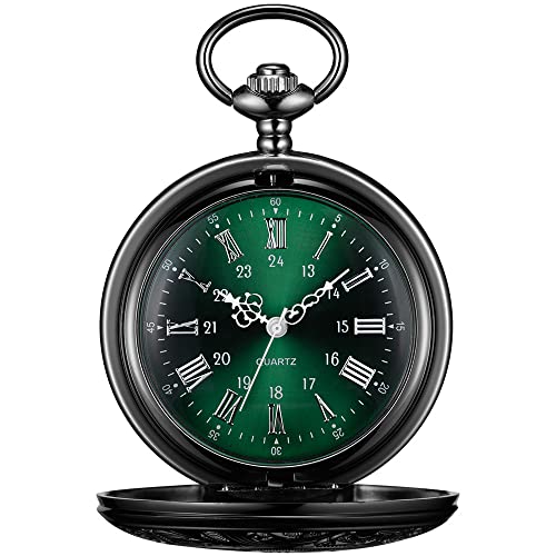BOSHIYA Vintage Herren Taschenuhr mit Kette Einzigartiges Grün Römischen Ziffern Zifferblatt Analog Quarz Taschenuhr für Herren Schwarz
