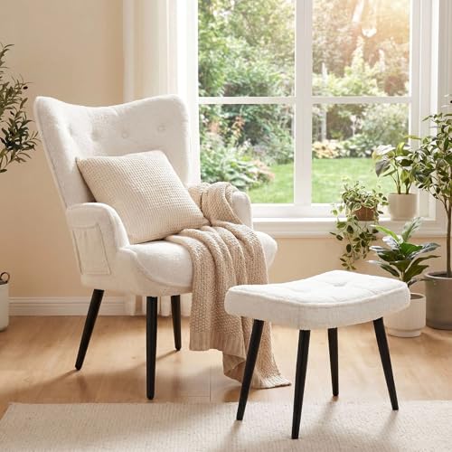 Clevich Ohrensessel - Gemütlicher Loungesessel mit Hocker, Lesesesselaus, Chenille Armchair für Wohnzimmer & Schlafzimmer - Bis 168kg (Weiß)