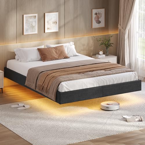 KIMENICH Bett 140 x 200 cm, Bettrahmen, Bett mit LED Beleuchtung, Schwebender visueller Effekt, Polsterbett, Bettgestell mit Lattenrost, bequem, für Schlafzimmer, Gästezimmer, Leinenstoff grau