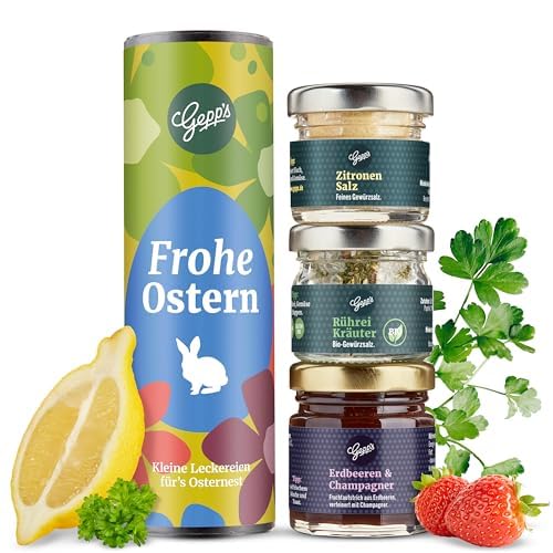 Gepp’s Feinkost Oster Geschenkset „Frohe Ostern“ I Kleines Ostergeschenk für Männer & Frauen mit Fruchtaufstrich, Rührei-Kräutern & Zitronensalz I Gourmet Oster Geschenkset ohne künstliche Zusätze