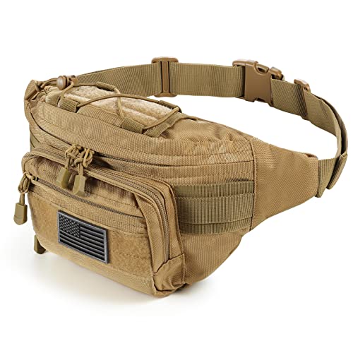 SOWHUP Taktische Bauchtasche, Militär-Hüfttasche mit US-Patch, Hüftgurt, Bauchtasche für Outdoor, Angeln, Wandern, Hellbraun (4 Reißverschlusstaschen), S, Taktische Bauchtasche