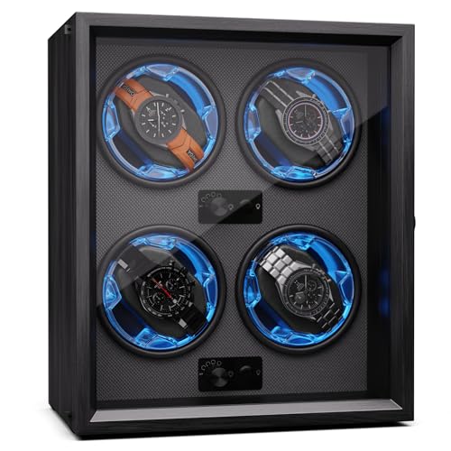Klarstein Uhrenbeweger für Automatikuhren, Automatik-Uhrenbeweger für 4 Uhren, Automatikuhr Uhrenbeweger mit Acryl-Tür, Automatischer Uhrenbeweger, Blaue LEDs, Watch Winder mit 4 TPD Einstellungen