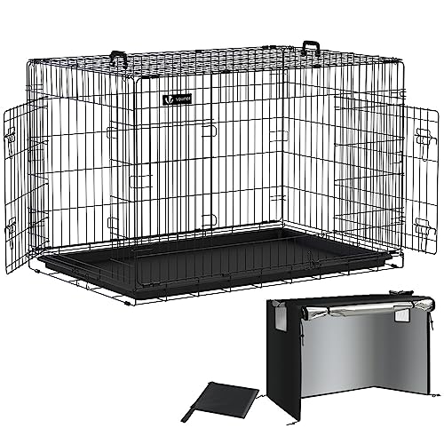 VOUNOT Hundekäfig Klappbar mit Abdeckung, Hundebox Auto Hundetransportkäfig mit Doppeltüren, 2 Transportgriffen & Bodenschale, XXL 122x75x81 cm, Schwarz