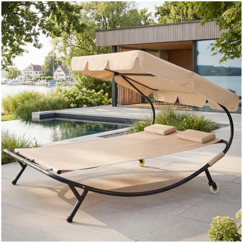 tectake Sonnenliege, Doppelliege, Outdoor Liege für 2 Personen, Gartenliege mit Sonnendach, Relaxliege, Sonnenliege mit Dach, inkl. 2 Kissen, ideal für Garten oder Balkon - schwarz/beige