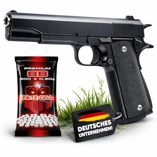 Fritz-Cell Set Airsoft Pistole FC13BW schwere Ausführung Federdruck Softair Waffe 0,5 Joule 6 mm inkl. 500 Premium BB's 0,20g Munition