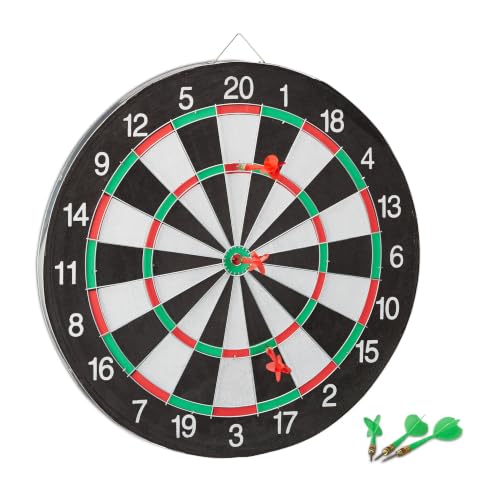 Relaxdays Dartscheibe Board X1 mit Pfeilen, 43 cm, 6 x Pfeile, schwarz-weiß