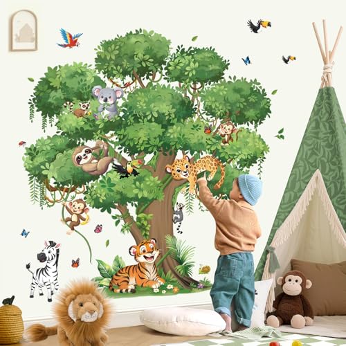 decalmile Wandsticker Dschungel Tiere Baum Groß Wandtattoo Safari Tiger Leopard Zebra Affen Wandaufkleber Babyzimmer Schlafzimmer Wohnzimmer Wanddeko