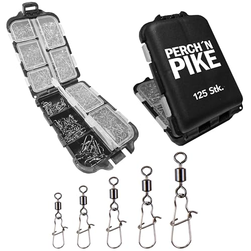 Angelwirbel im Set inkl. Box, Duo-Lock Snap, 8 - 28kg, Angel Wirbel Set, 125 Wirbel Set zum Spinnfischen, Angelwirbel mit Karabiner für Forellen, Barsch, Zander und Hecht (5 x 25 125 Duo-Lock Snaps)