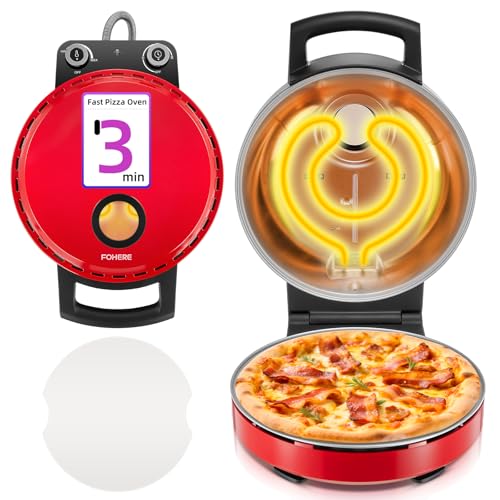 1500W Elektrischer Pizzaofen, 3Min Pizza Pizza oven, Pizzaofen Elektrisch mit Temperaturregler, Pizzamaker 32 cm Pizzastein, bis 400°C für perfekte Pizza, Ansichtsfenster, Timer, Rot