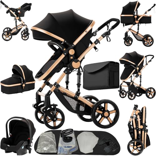 Prokoke Kinderwagen 3 in 1, Kinderwagen Set Einem Klick Faltbar, Kombikinderwagen 3 in 1 mit Umkehrbarem Zwei-Wege-Schub, Buggy Rahmen Aluminiumlegierung Baby Kleinkind Neugeborene (black gold 588)