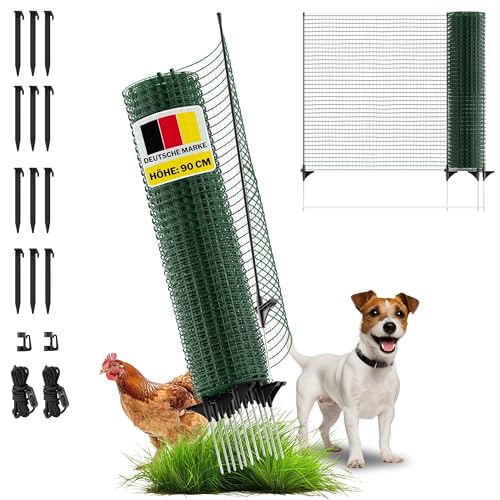 horizont Begrenzungszaun FIX, mobiler Zaun 90 cm hoch, 25m lang, engmaschig, 15 Pfähle, Beetschutz, Gartennetz, Campingzaun, Hundezaun, Absperrzaun, Steckzaun